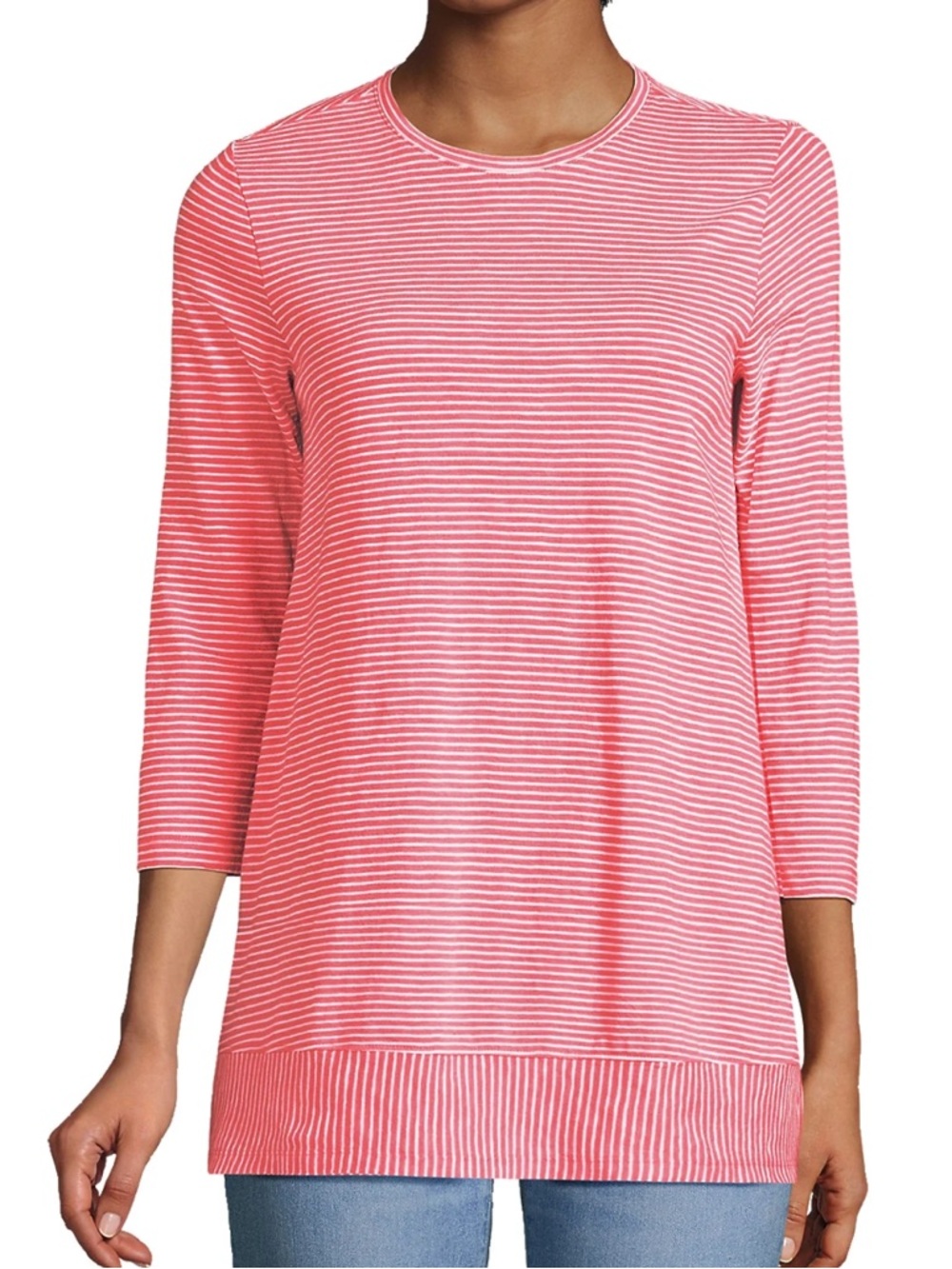 Lands' End Women Plus SZ 1X Coral Pink White Striped 3/4 Sleeve Tunic Length Top